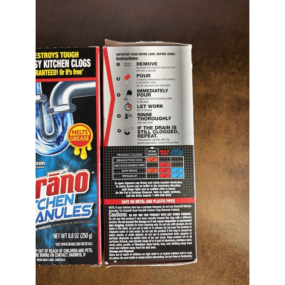 TWO (2) Drano Kitchen Granules Clog Remover, 8.8 oz Destroys Greasy Kitch Clog - Picture 2 of 4